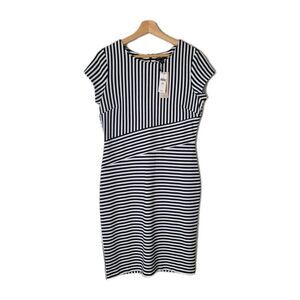 Banana Republic Striped Dress 12P Blue White Sheath Short Sleeve Stretch Preppy